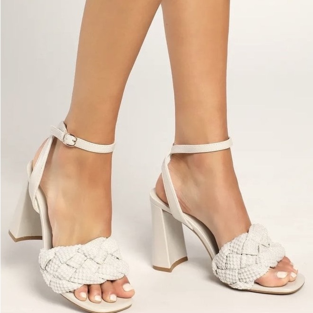 Bamboo Off White Braided Heeled Sandals with Pearls size 8